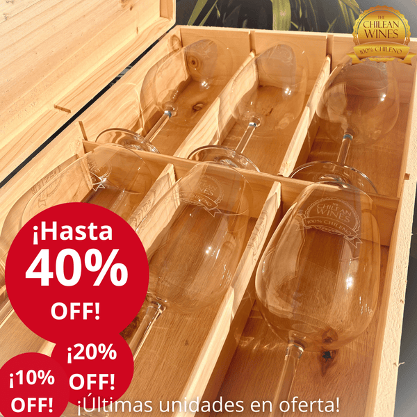 ¡PREVENTA! 6 Copas PREMIUM Cristal Italiano 600ml ChileanWines + Caja Baúl 100% Artesanal