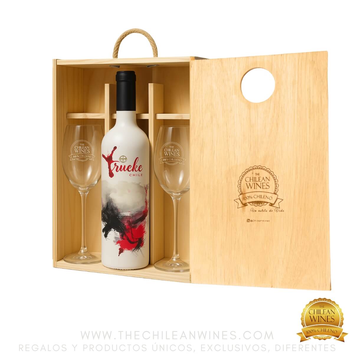 CAJA MADERA ARTESANAL TIPO DOMINÓ + 1 VINO TRUEKE PREMIUM + 2 COPAS PR ...